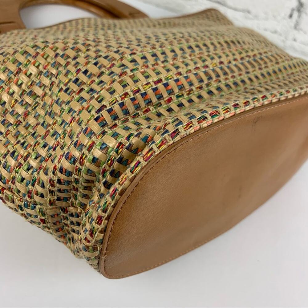 Fossil Vintage Wooden Handle Rainbow Multicolored Woven Rattan Straw Tote - Picture 11 of 15